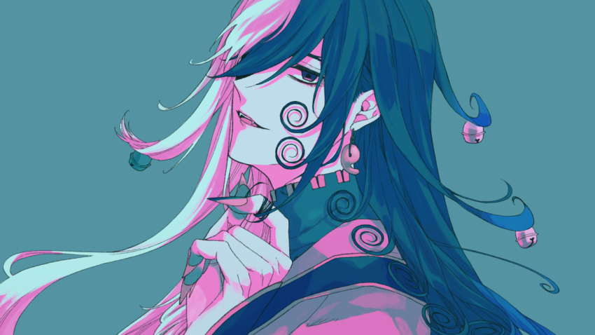 1boy, ashiya_douman_(fate), asymmetrical_hair, bell, black_eyes, black_hair, curly_hair, earrings