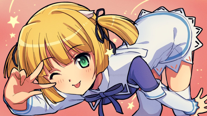 1girl, ;p, bangs, bent_over, black_ribbon, blonde_hair, blush, breasts