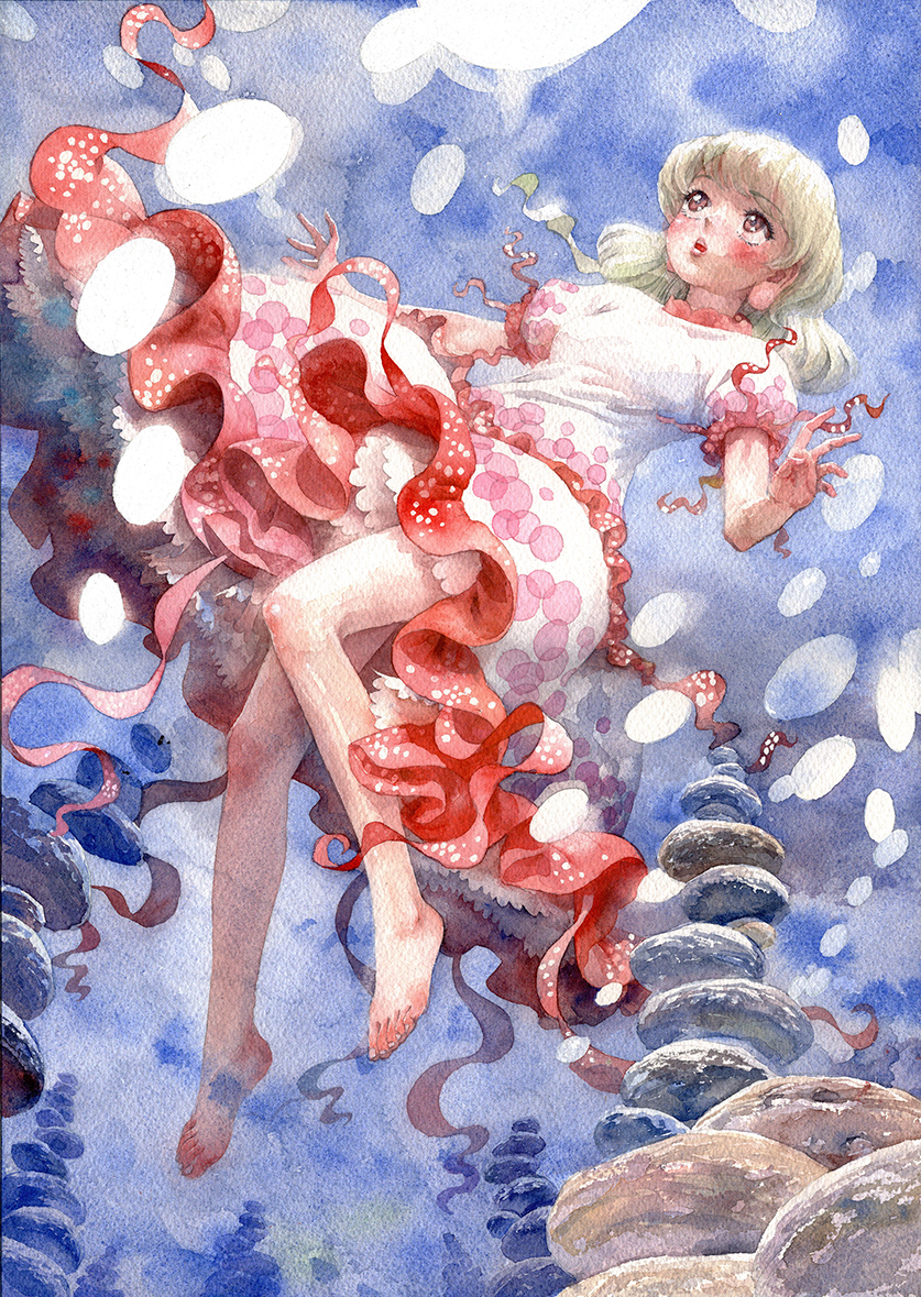 1girl, air_bubble, arms_up, bangs, barefoot, blonde_hair, blush, brown_eyes