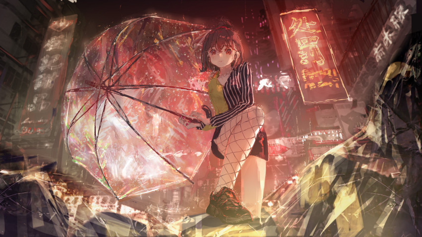 1girl, asymmetrical_clothes, asymmetrical_legwear, bangs, blurry, blurry_background, building, city