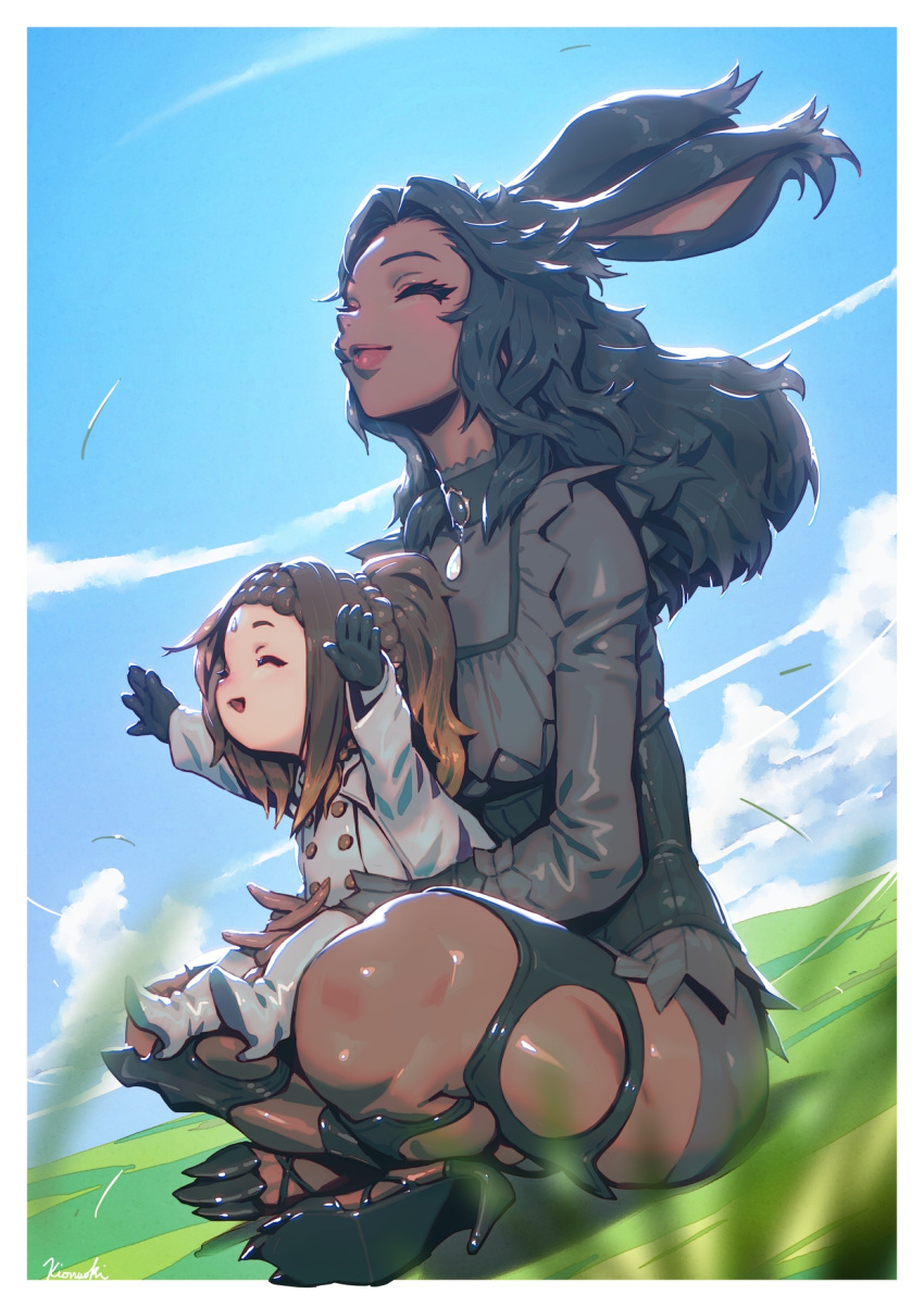 2girls, amulet, animal_ears, animal_shoes, arms_around_waist, bangs, black_hair, blurry_foreground
