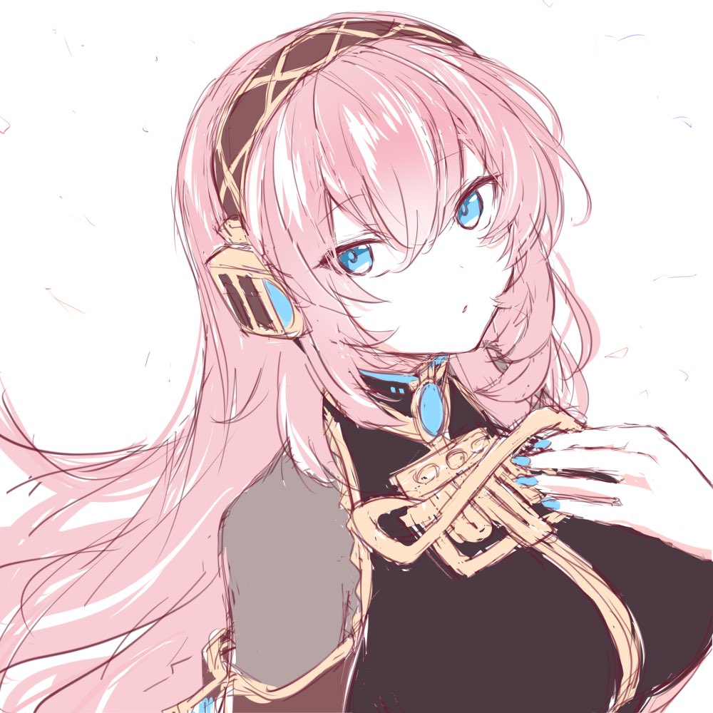1girl, armband, black_shirt, blue_eyes, blue_nails, commentary, gold_trim, hand_on_own_chest
