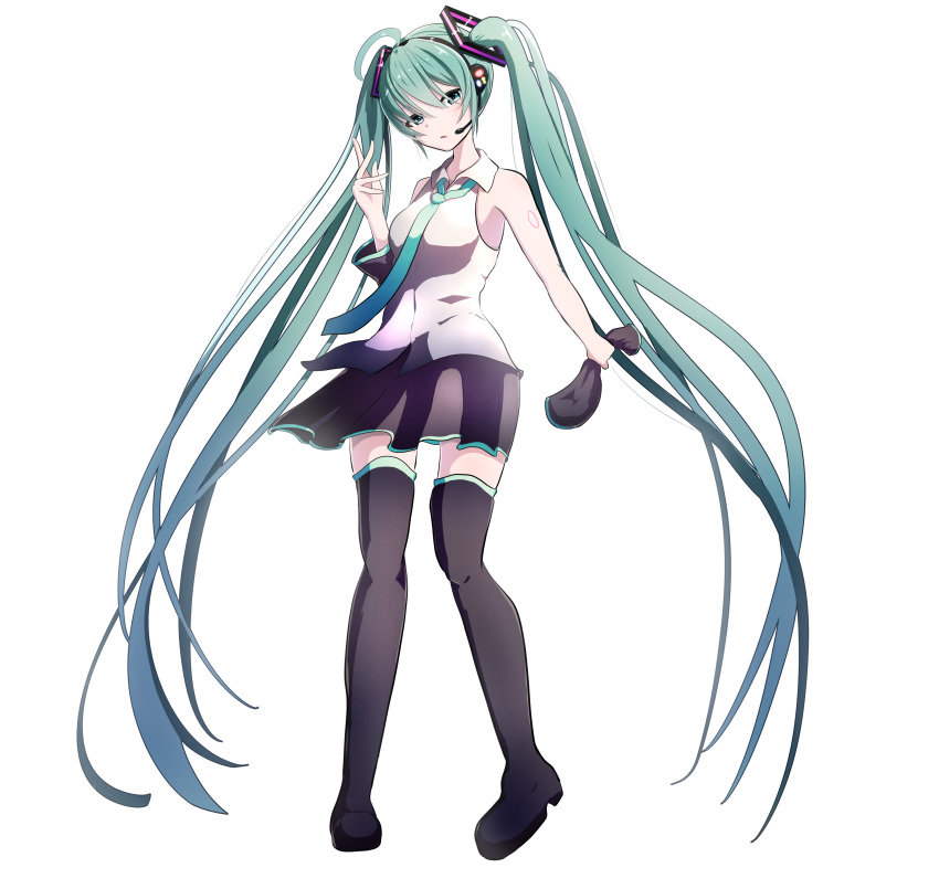 1girl, absurdres, aqua_eyes, aqua_hair, aqua_neckwear, bare_shoulders, black_legwear, black_skirt