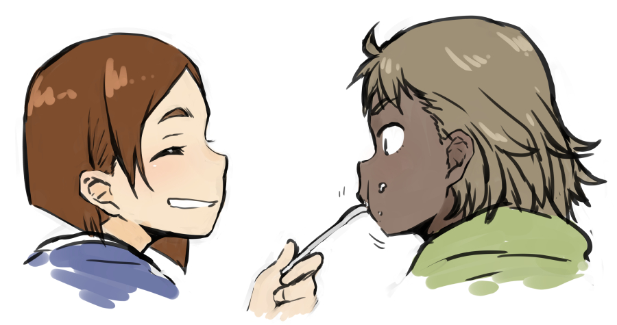 2girls, blonde_hair, blush, brown_hair, closed_eyes, dark_skin, doumeki_parker, eizouken_ni_wa_te_wo_dasu_na!
