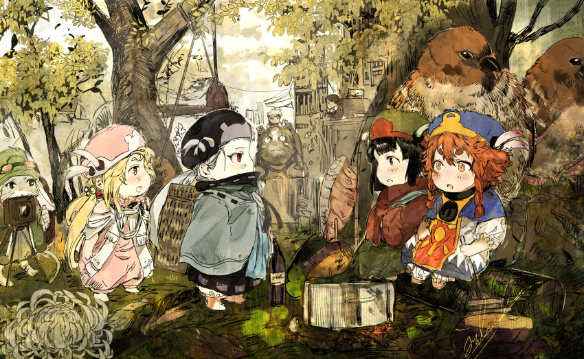 1boy, 5girls, animal, bangs, barefoot, black_dress, black_hair, blonde_hair