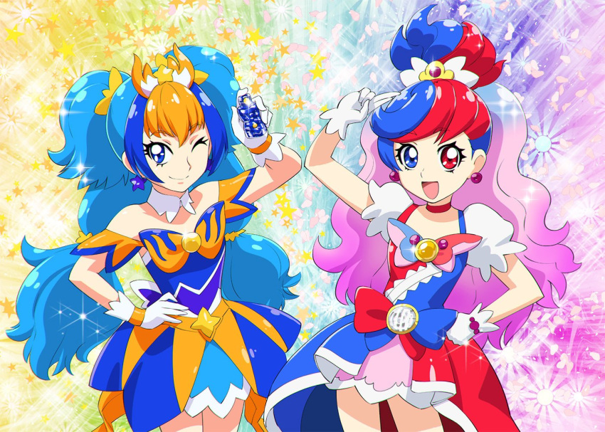 2girls, amanogawa_kirara, commentary, crossover, cure_flora, cure_twinkle, fusion, go!_princess_precure