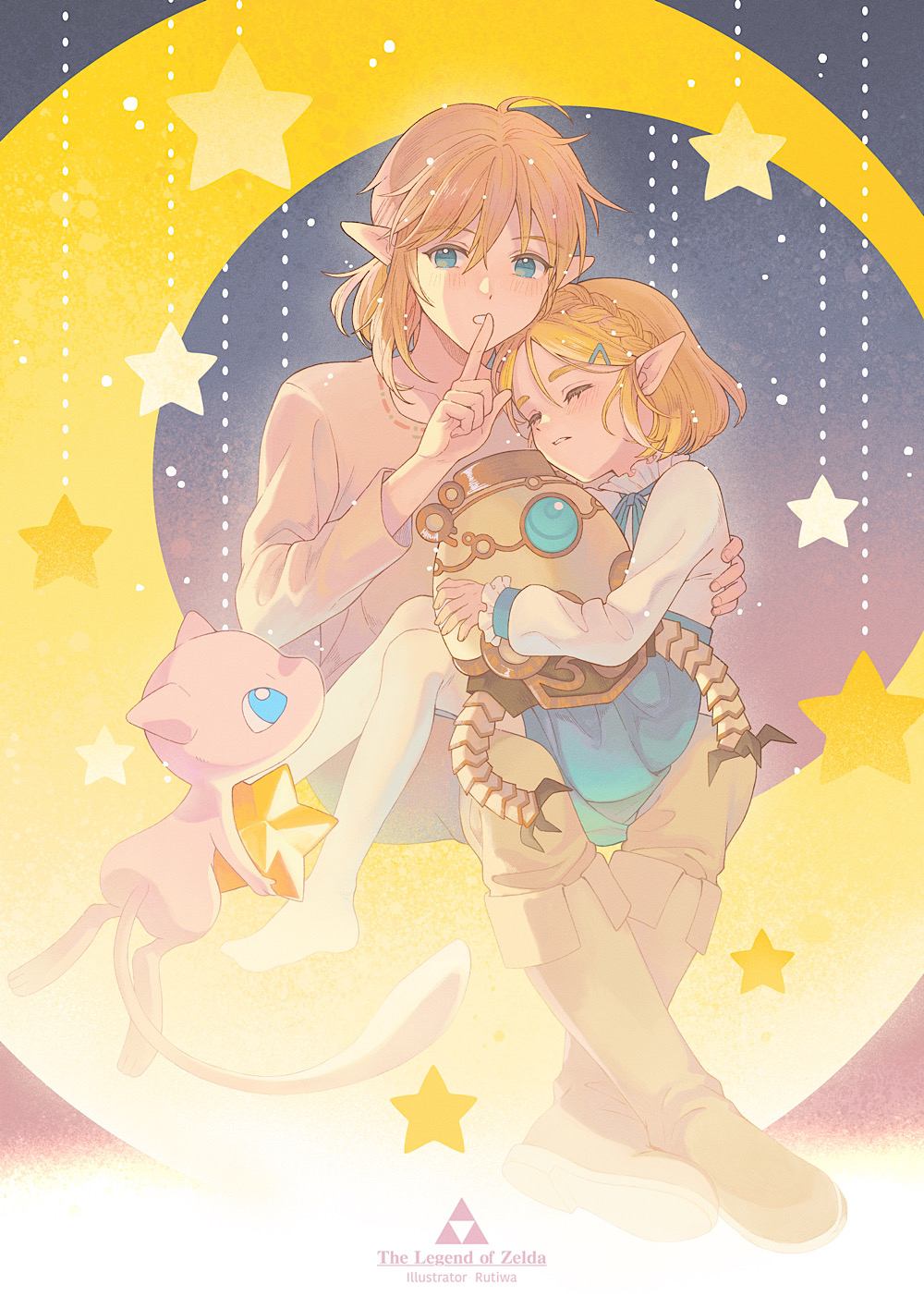 1boy, 1girl, blonde_hair, company_connection, crescent_moon, crossover, finger_to_mouth, gen_1_pokemon