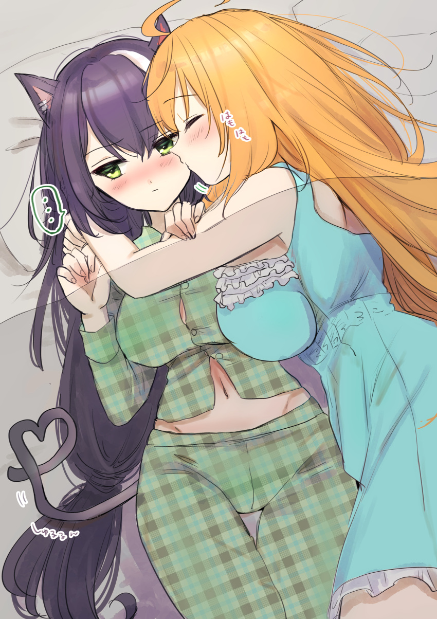 ..., 2girls, absurdres, ahoge, animal_ears, bangs, black_hair, blue_nightgown