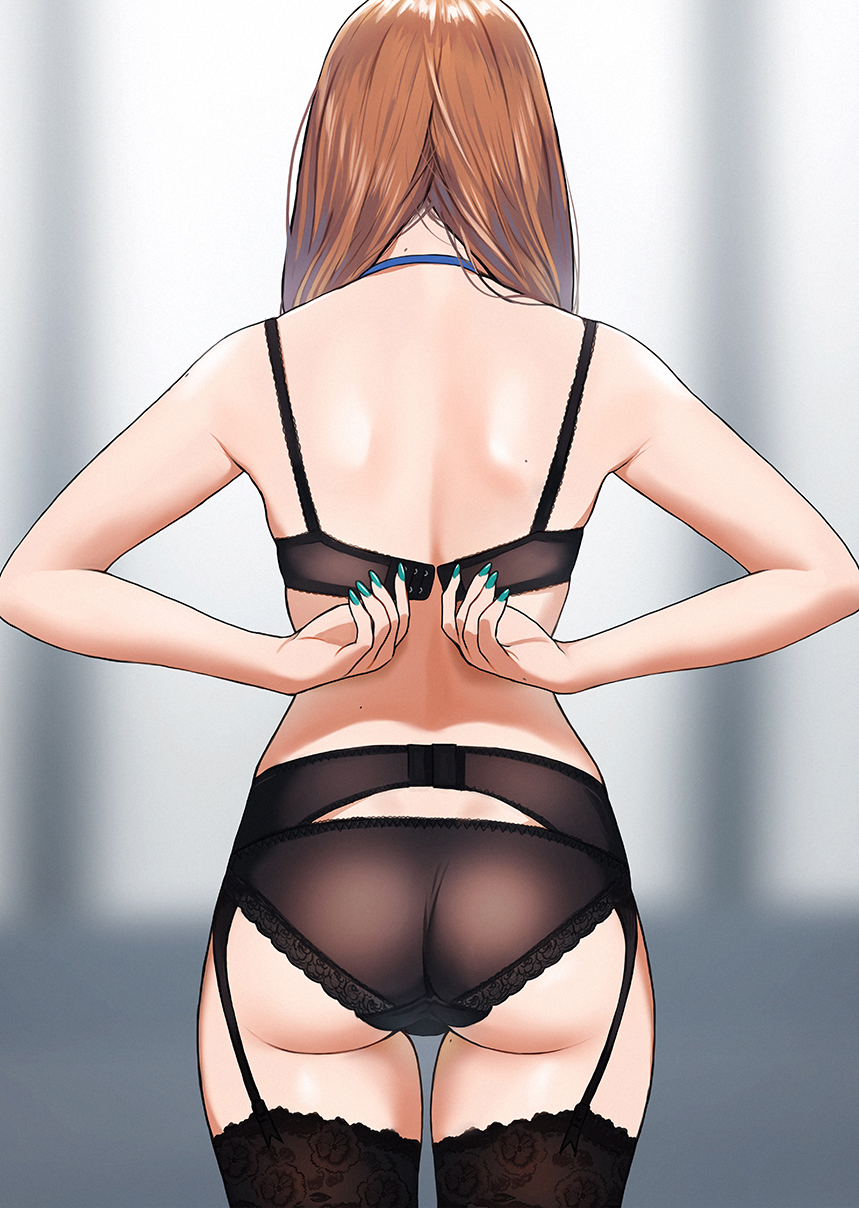 1girl, arms_behind_back, black_bra, black_legwear, black_panties, blue_nails, blurry, blurry_background