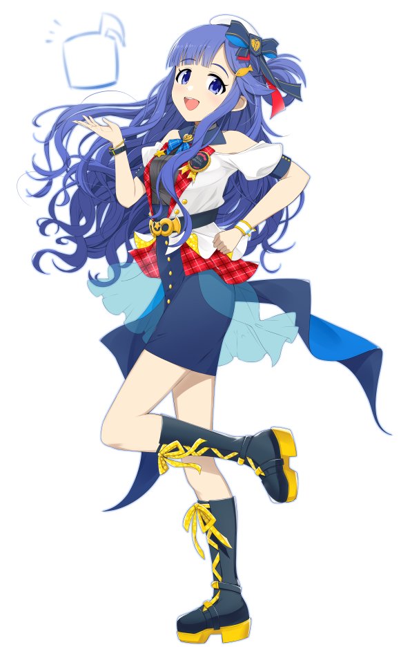 1girl, :d, asari_nanami, bangs, bare_shoulders, blue_eyes, blue_hair, blush