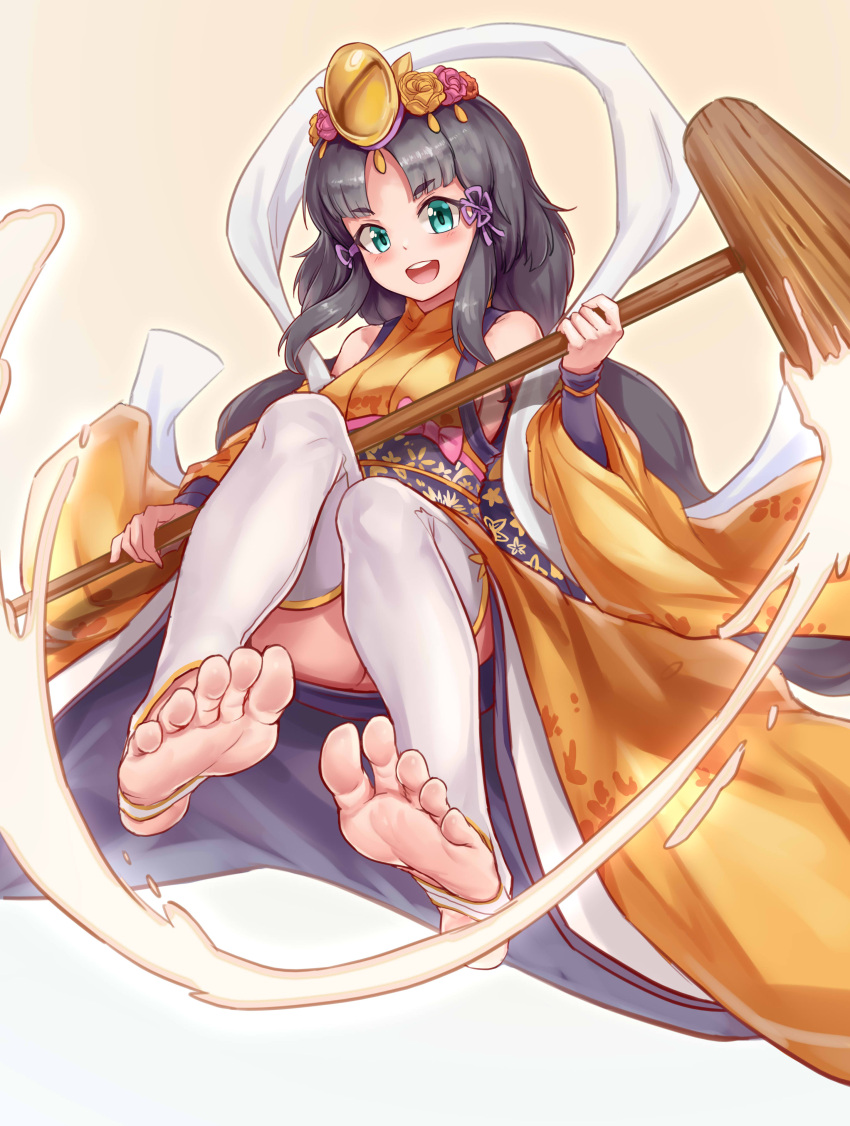 1girl, absurdres, aomoro, bare_shoulders, barefoot, black_hair, branch, feet