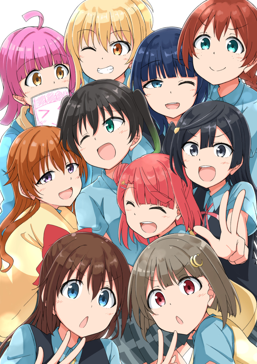 6+girls, :d, :o, ahoge, asaka_karin, bangs, black_hair, blonde_hair