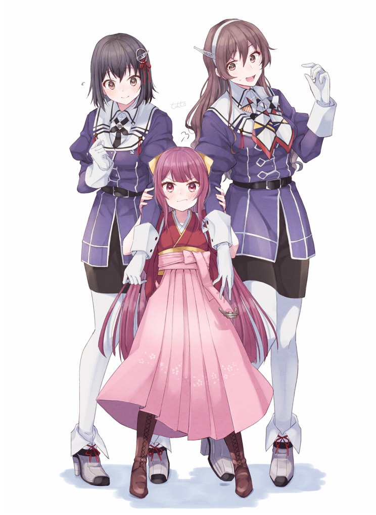 3girls, artist_name, ashigara_(kantai_collection), black_hair, black_skirt, blush, boots, brown_eyes