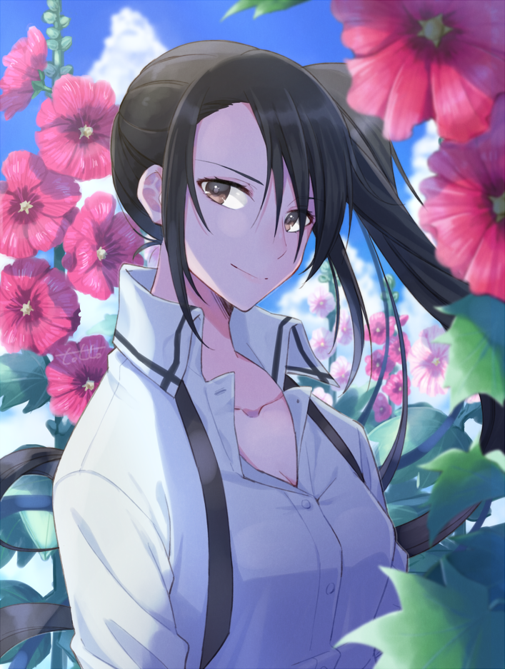 1girl, alternate_costume, black_hair, brown_eyes, closed_mouth, collarbone, collared_shirt, day