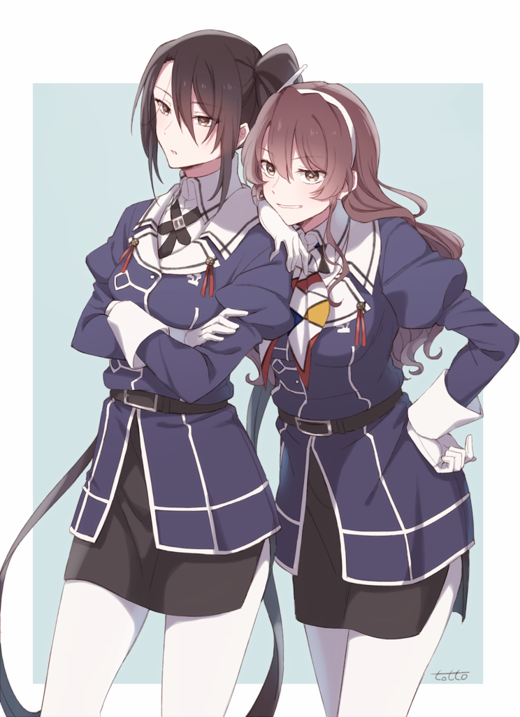 2girls, artist_name, ashigara_(kantai_collection), black_hair, black_skirt, brown_eyes, brown_hair, gloves