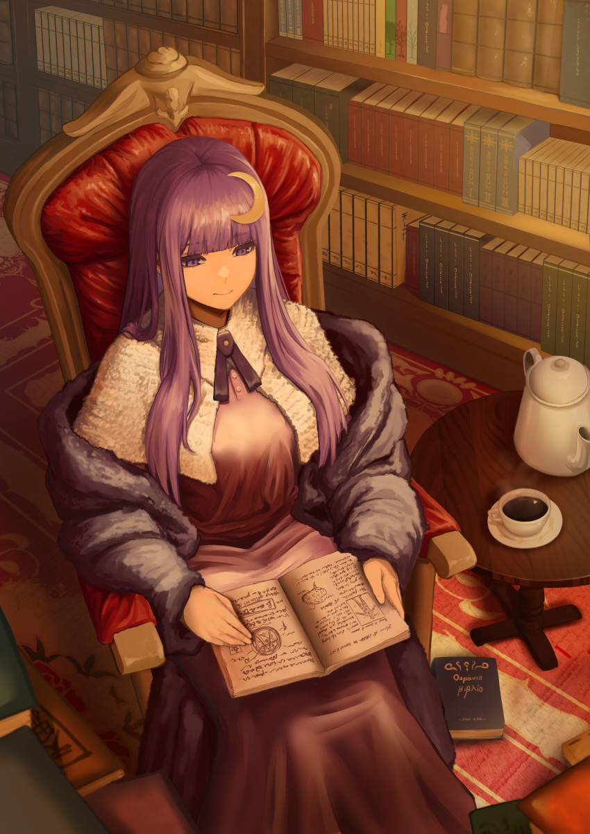 1girl, absurdres, bangs, blunt_bangs, book, bookshelf, breasts, capelet