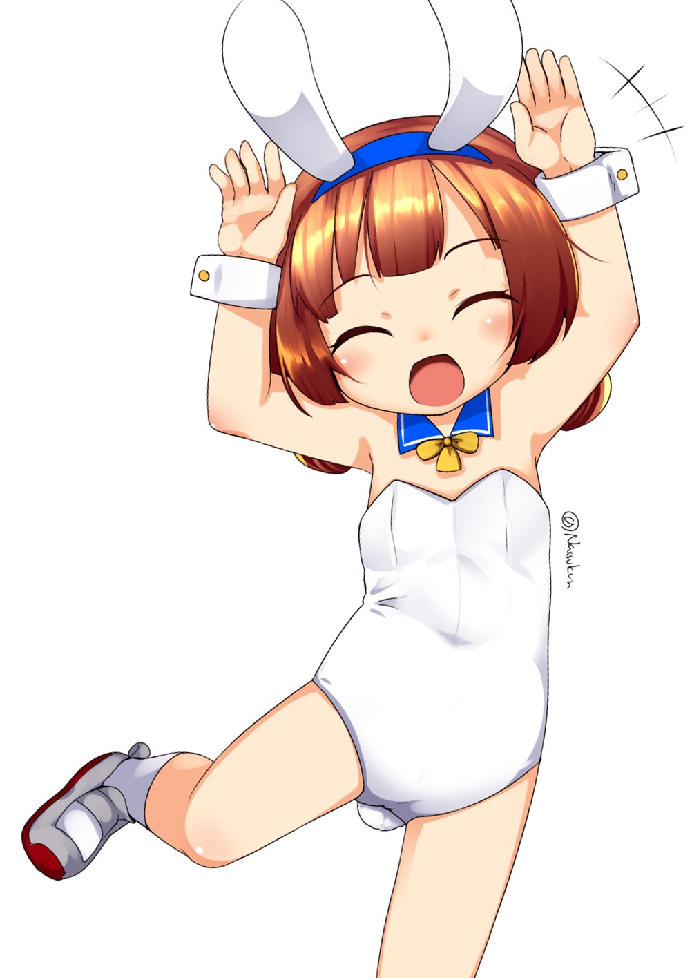 1girl, adapted_costume, animal_ears, ascot, blue_collar, brown_hair, bunny_pose, bunny_tail