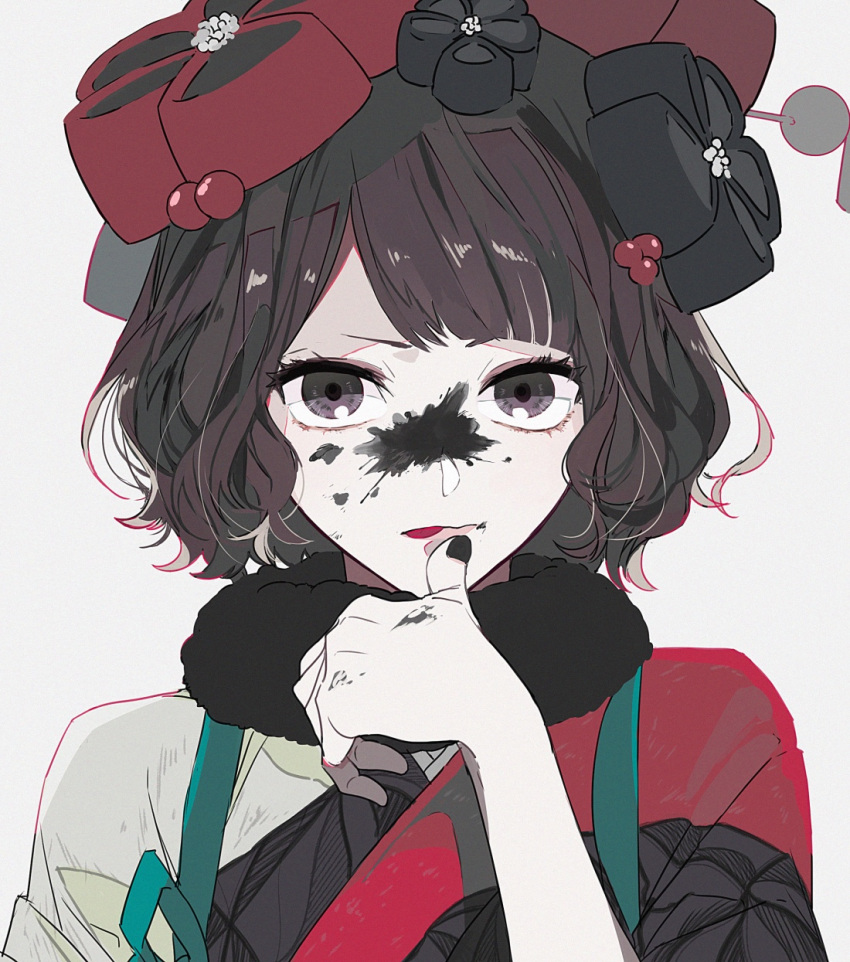 1girl, :p, aqua_ribbon, black_eyes, black_hair, black_nails, brown_hair, closed_mouth