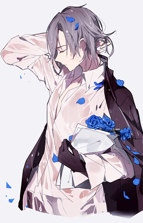 1boy, androgynous, arm_behind_head, blue_flower, blue_petals, blue_rose, bread, chinese_commentary