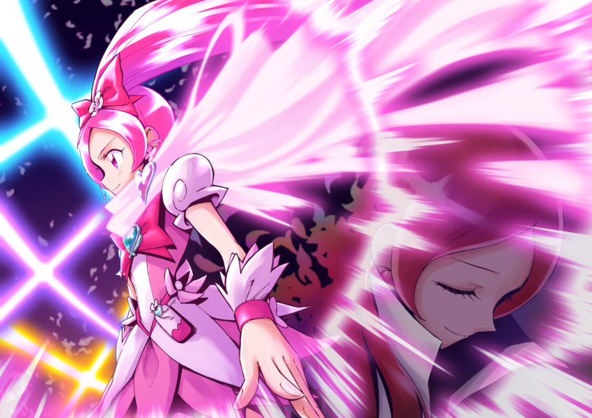 2girls, bow, brooch, cape, closed_eyes, closed_mouth, commentary_request, cure_blossom