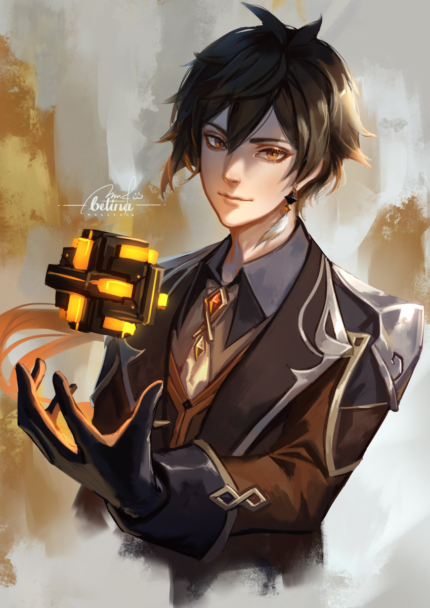 1boy, absurdres, bangs, betina_mascenon, black_gloves, black_hair, blurry, blurry_background