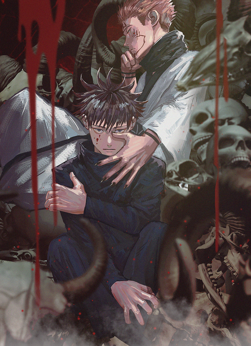 2boys, bangs, black_eyes, black_hair, black_jacket, black_nails, black_pants, black_scarf