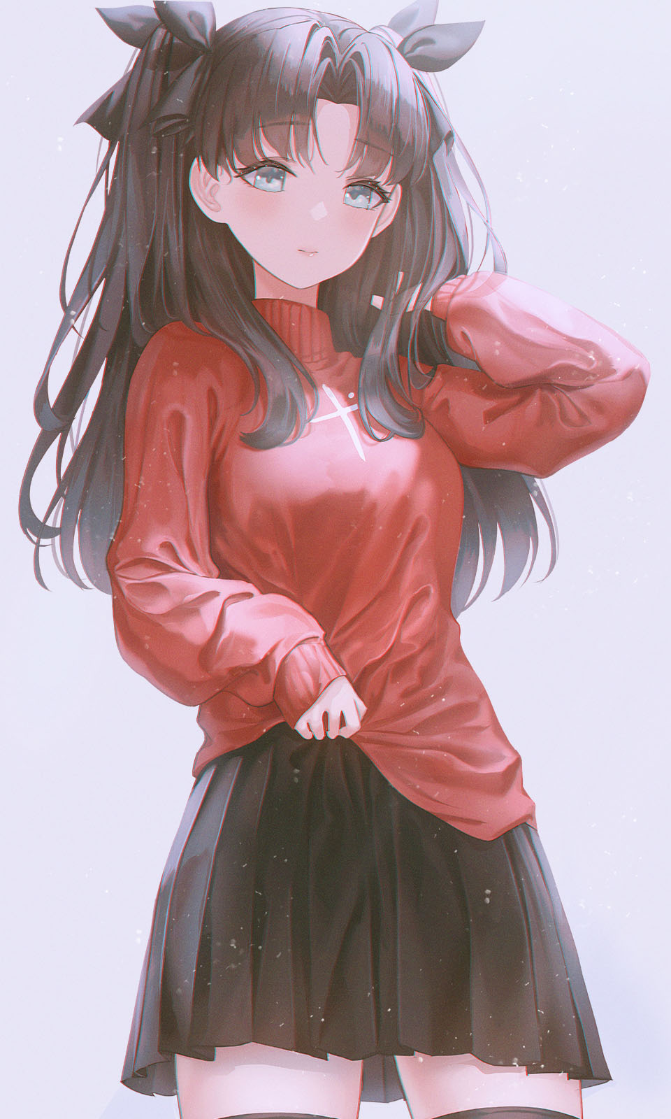 1girl, bangs, black_hair, black_legwear, black_ribbon, black_skirt, breasts, closed_mouth