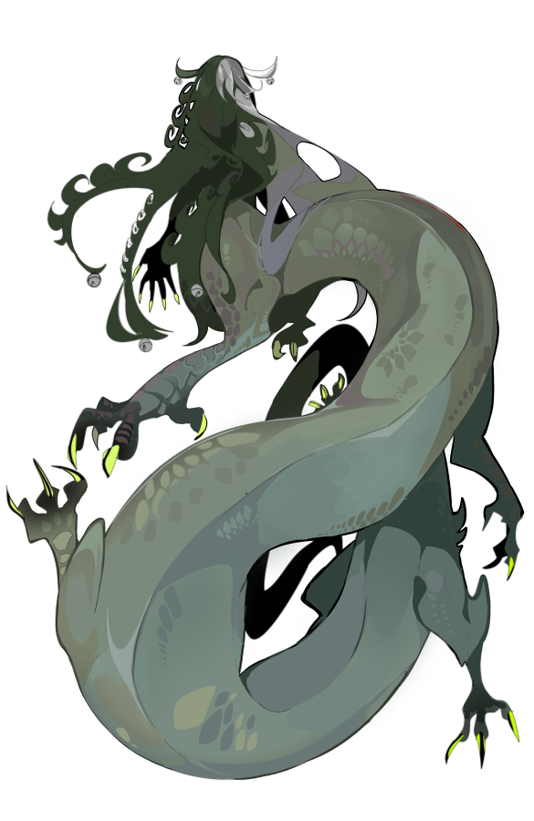 1boy, ashiya_douman_(fate), asymmetrical_hair, bell, black_hair, claws, curly_hair, fate/grand_order