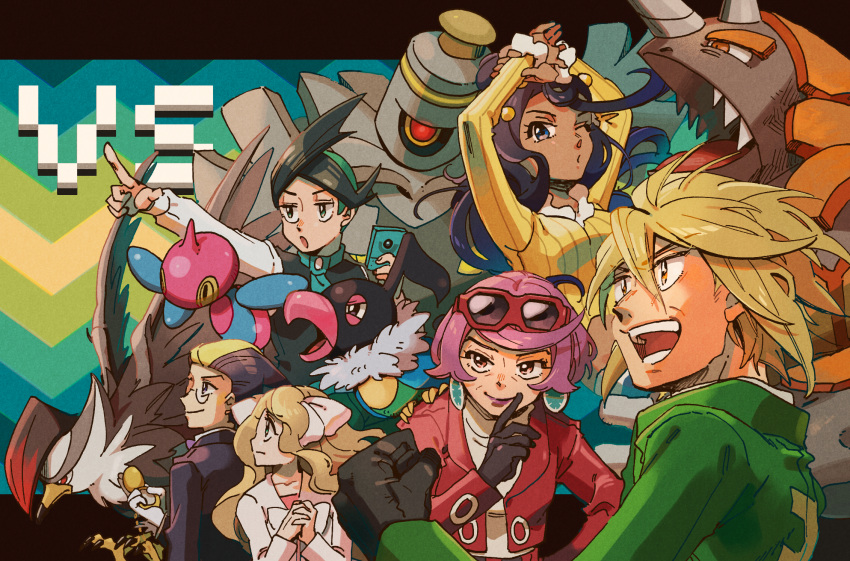 3boys, 3girls, :o, argenta_(pokemon), bangs, black_hair, black_vest, blonde_hair