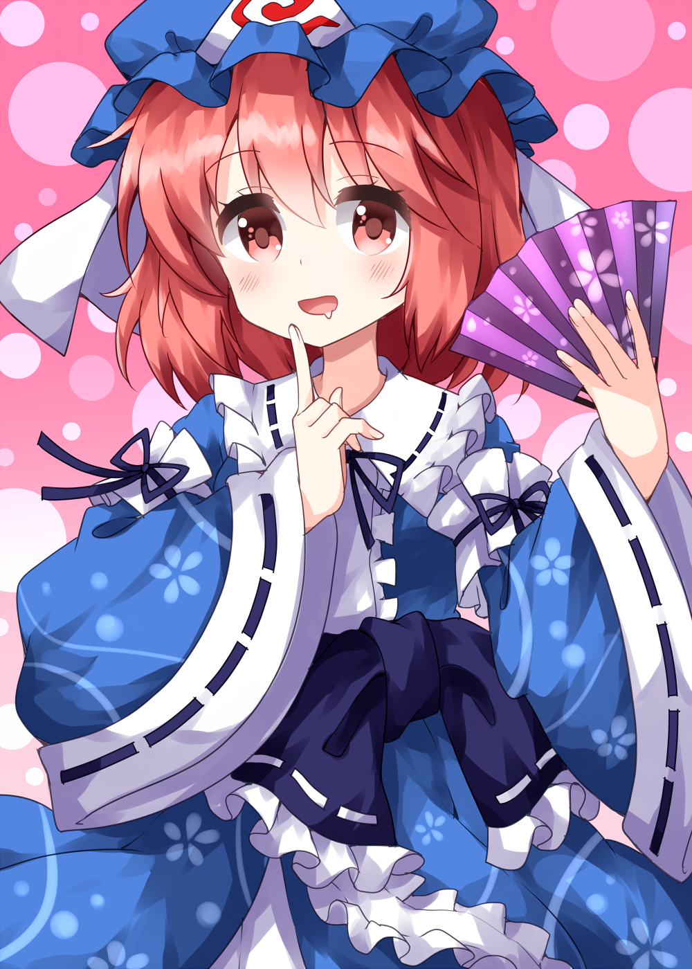 1girl, bangs, black_neckwear, black_ribbon, blue_headwear, blue_kimono, collarbone, cowboy_shot