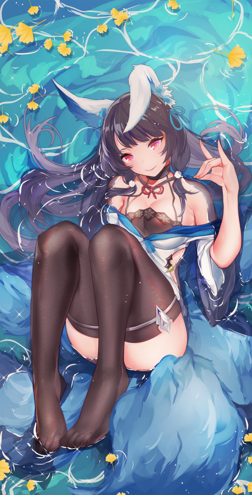 1girl, absurdres, animal_ear_fluff, animal_ears, bare_arms, bare_shoulders, black_bra, black_legwear