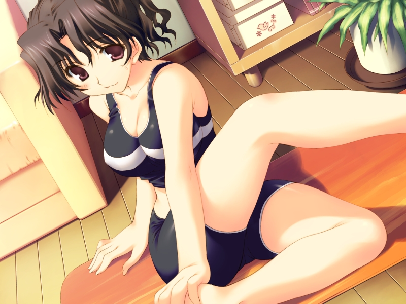1girl, brown_eyes, brown_hair, cleavage, game_cg, solo, to_heart_2, to_heart_2_ad
