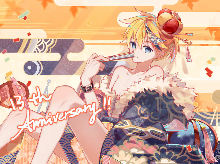 1boy, anniversary, belt, blonde_hair, blue_eyes, blue_kimono, closed_fan, commentary
