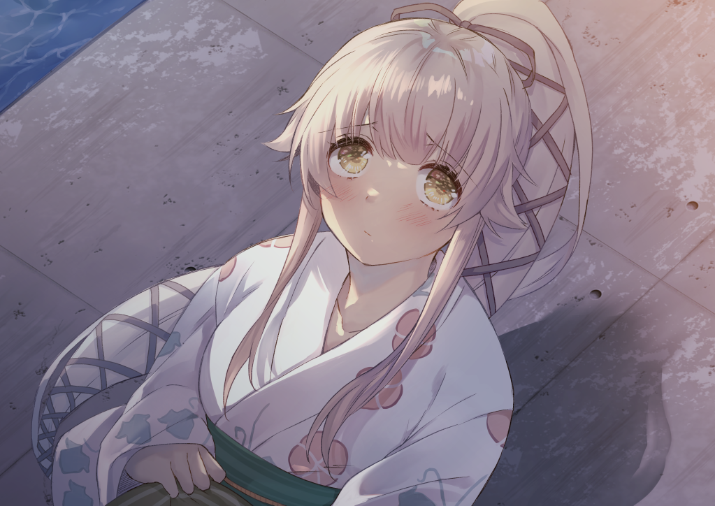 1girl, blush, closed_mouth, eyebrows_visible_through_hair, floral_print, japanese_clothes, kantai_collection, kimono