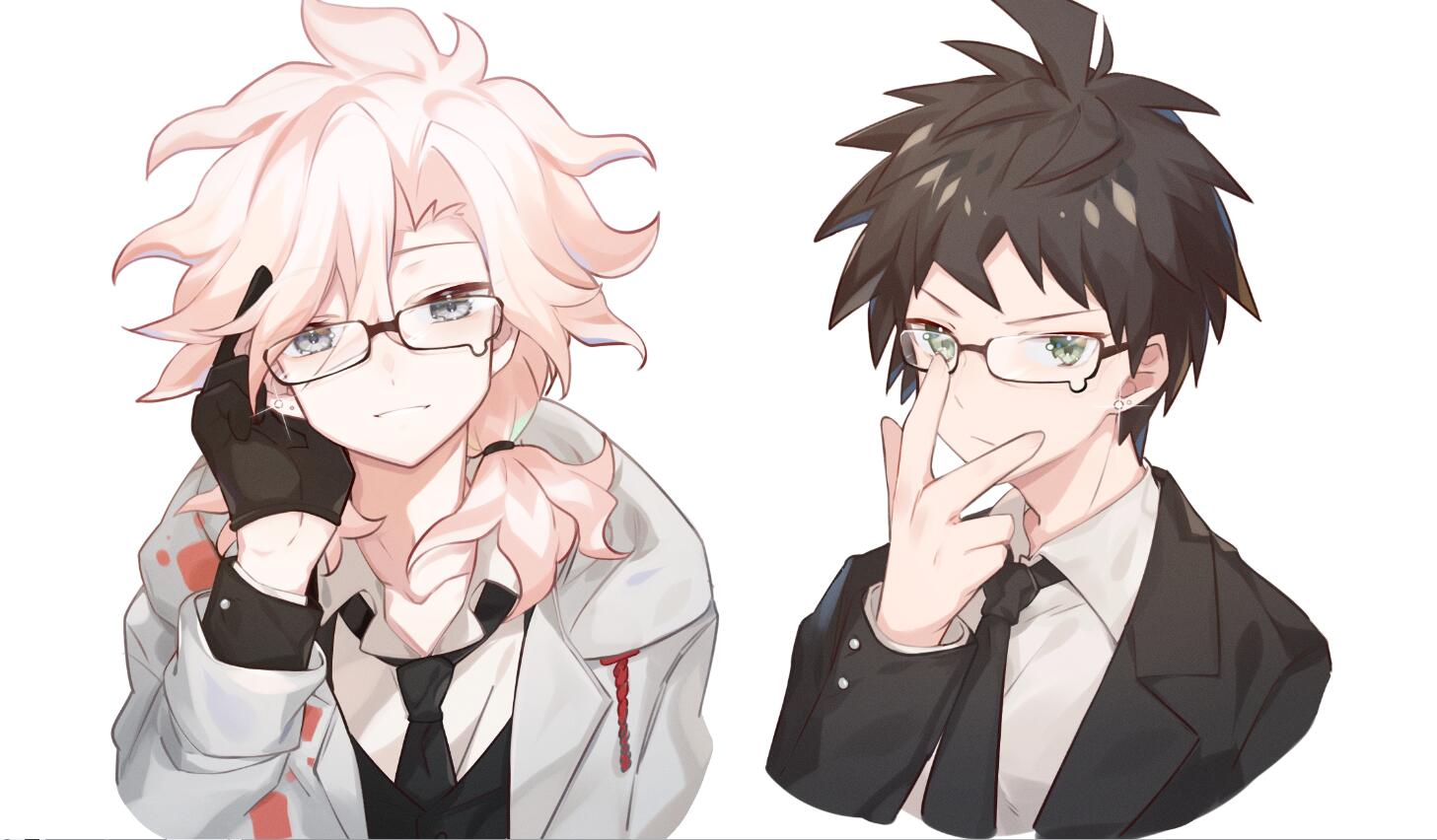 2boys, ahoge, alternate_costume, bespectacled, black_neckwear, collared_shirt, commentary_request, cropped_torso