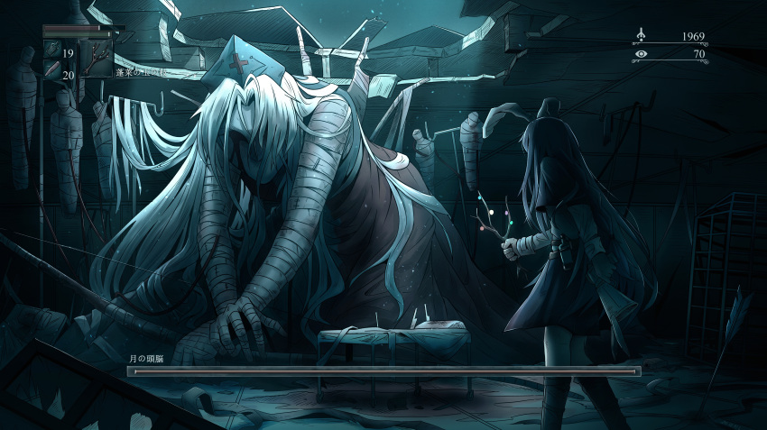 2girls, absurdres, animal_ears, arrow_(projectile), bandaged_arm, bandages, blood, bloody_tears