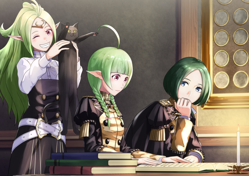 1boy, 2girls, alternate_costume, animal, book, candle, cat, feline, fire_emblem, fire_emblem:_three_houses, fire_emblem_awakening, fire_emblem_heroes, fire_emblem_warriors, garreg_mach_monastery_uniform, green_hair, highres, human, intelligent_systems, linhardt_von_hevring, longcat, mammal, manakete, mother_and_daughter, multiple_girls, nah_(fire_emblem), nintendo, nowi_(fire_emblem), reading, sitting, sukkirito_(rangusan), super_smash_bros., table, tiara, upper_body