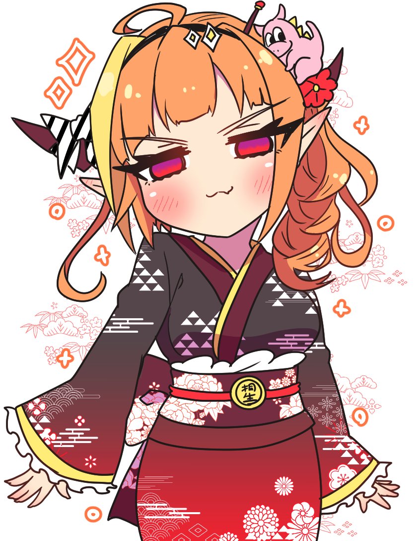 1girl, :3, ahoge, alternate_costume, alternate_hairstyle, animal_on_head, bangs, black_hairband, black_kimono, blonde_hair, blunt_bangs, blush, bow, bowtie, commentary_request, ear_blush, fang, floral_background, flower, gradient_kimono, hair_flower, hair_ornament, hair_stick, hairband, highlights, hololive, horn_bow, horn_flower, japanese_clothes, kimono, kiryuu_coco, kiryuu_coco_(dragon), lace-trimmed_kimono, lace_trim, looking_at_viewer, multicolored, multicolored_eyes, multicolored_hair, new_year, on_head, orange_hair, pointy_ears, print_kimono, red_eyes, red_kimono, skin_fang, smirk, smug, solo, standing, streaked_hair, striped, striped_bow, tied_hair, upper_body, v-shaped_eyebrows, violet_eyes, virtual_youtuber, yukito_(hoshizora)
