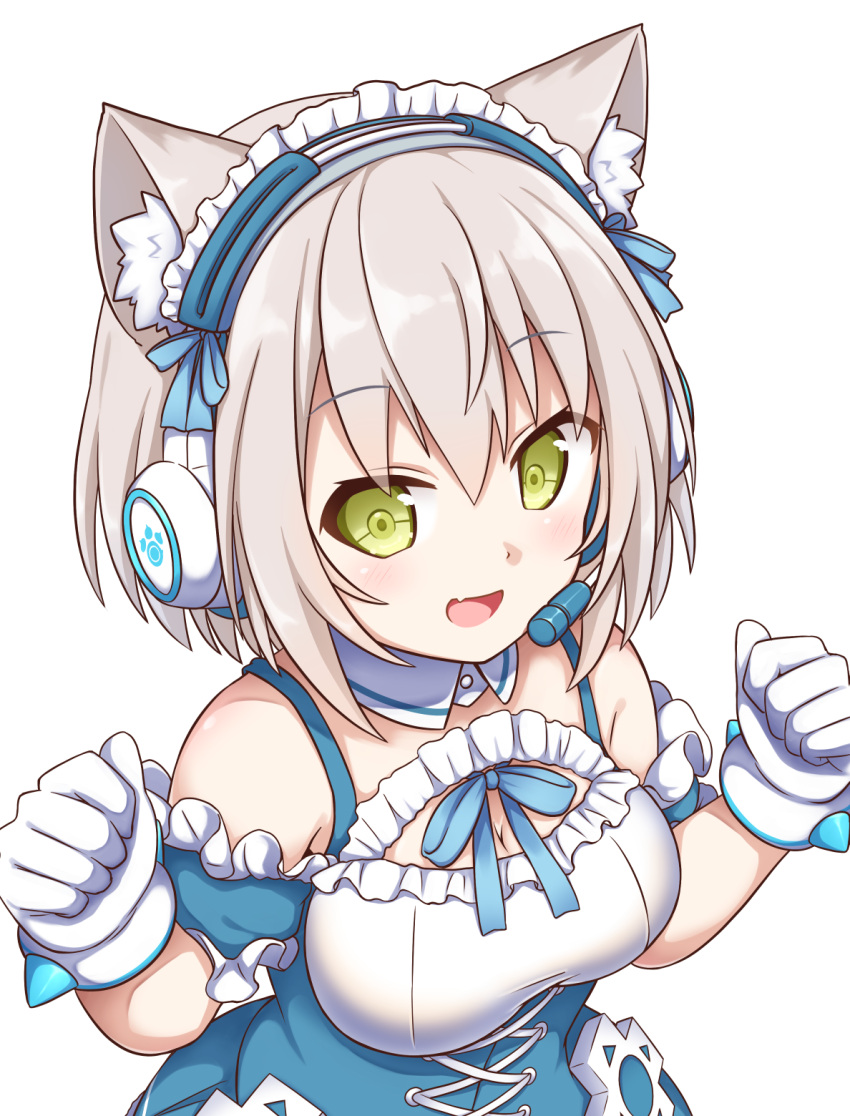 1girl, animal_ears, bow, cat_ears, gloves, green_eyes, guild_cq, headphones, hestia_(neko_itachi), highres, itou_yuna, maid, microphone, silver_hair, virtual_youtuber, white_gloves