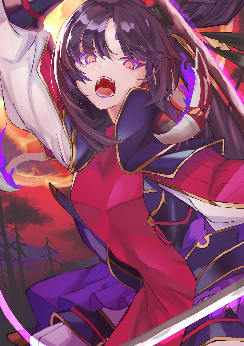 1girl, arm_up, armor, asymmetrical_hair, bangs, bare_tree, black_eyebrows, black_hair