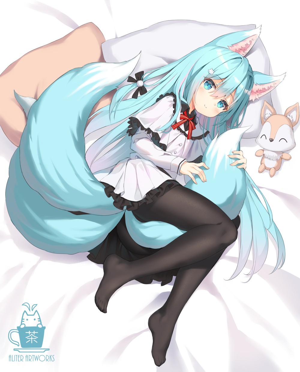 1girl, aliter, animal_ear_fluff, animal_ears, bangs, bed_sheet, black_bow, black_legwear, blue_eyes, blue_hair, blush, bow, capelet, closed_mouth, commentary_request, eyebrows_visible_through_hair, fox_ears, fox_girl, fox_hair_ornament, fox_tail, frilled_capelet, frilled_skirt, frills, hair_between_eyes, hair_bow, highres, kitsune, long_hair, long_sleeves, looking_at_viewer, lying, multiple_tails, no_shoes, on_side, original, pantyhose, pillow, pleated_skirt, shirt, skirt, sleeves_past_wrists, smile, solo, stuffed_animal, stuffed_fox, stuffed_toy, tail, very_long_hair, white_capelet, white_shirt, white_skirt