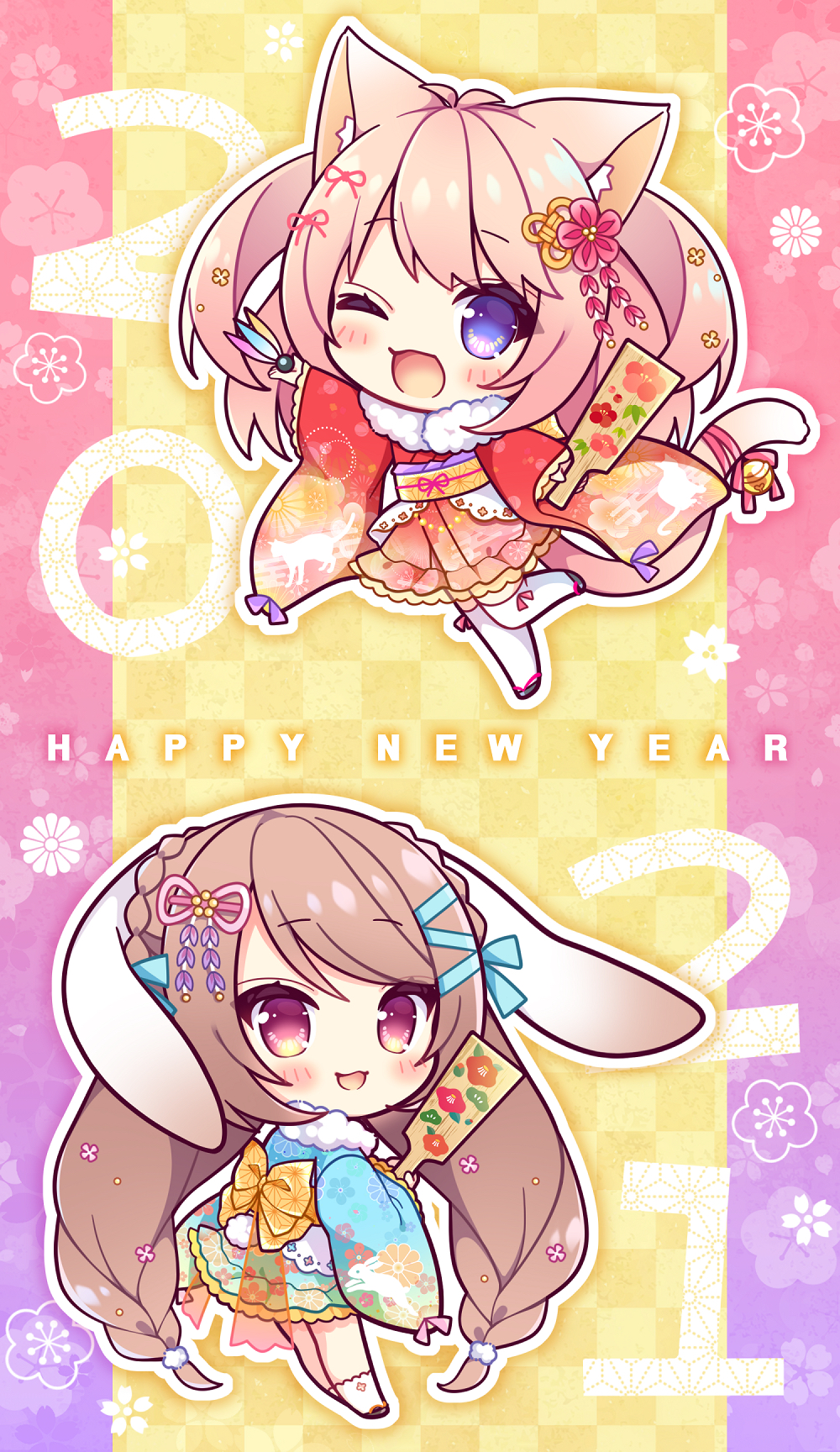 2021, 2girls, :d, ;d, animal_ears, blue_kimono, blush, braid