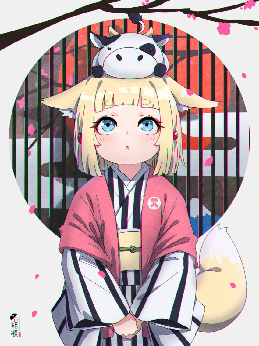 1girl, :o, animal_ear_fluff, animal_ears, animal_on_head, bangs, blonde_hair, blue_eyes