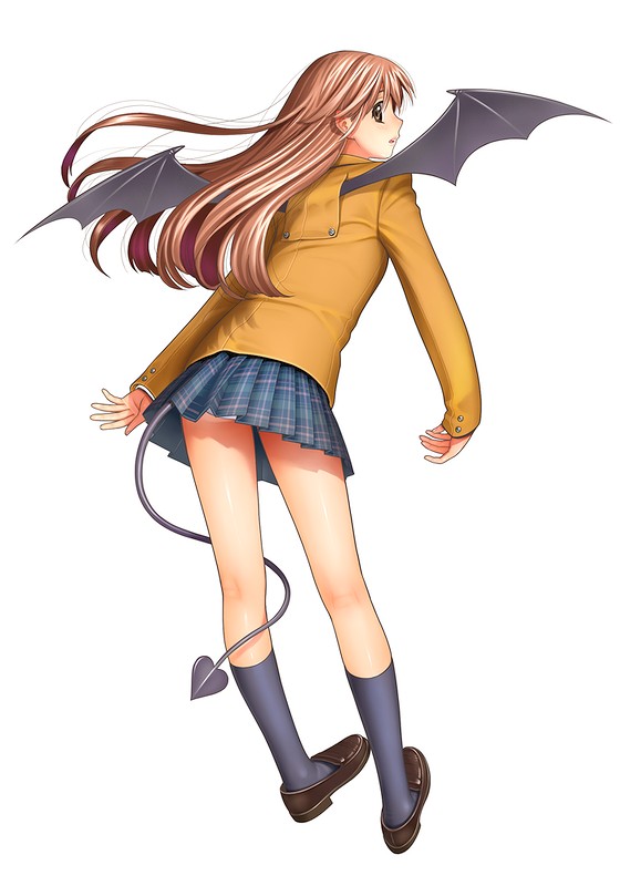 ass, bat_wings, black_legwear, brazen, brown_hair, demon_girl, demon_tail, demon_wings