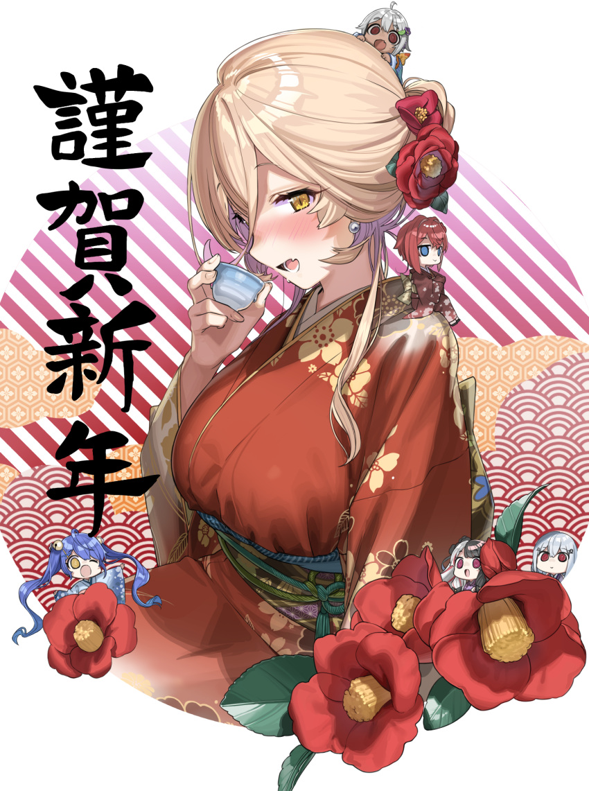 6+girls, amamiya_kokoro, ange_katrina, blonde_hair, blush, breasts, chibi, cup