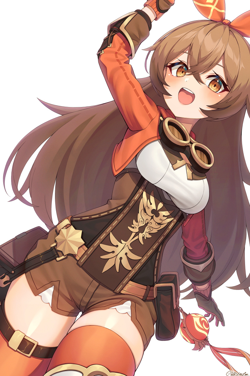 1girl, :d, absurdres, amber_(genshin_impact), arm_up, bangs, bintz, blush