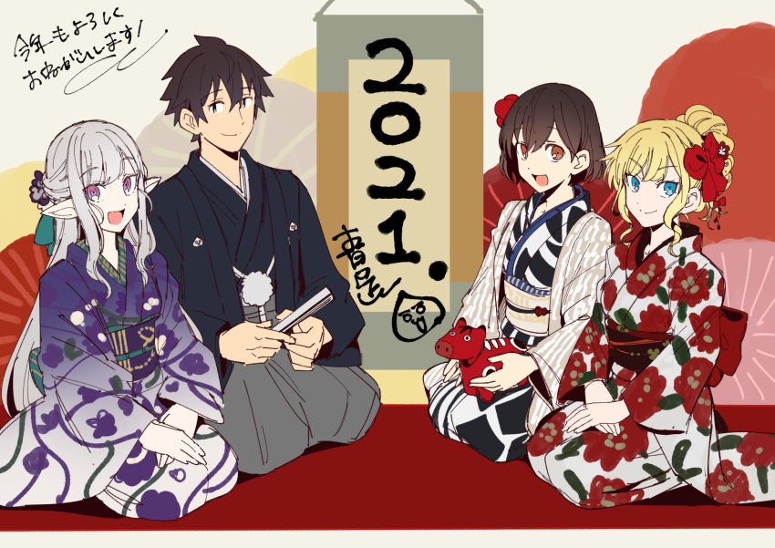 1boy, 2021, 3girls, bangs, blonde_hair, blue_eyes, brown_eyes, brown_hair