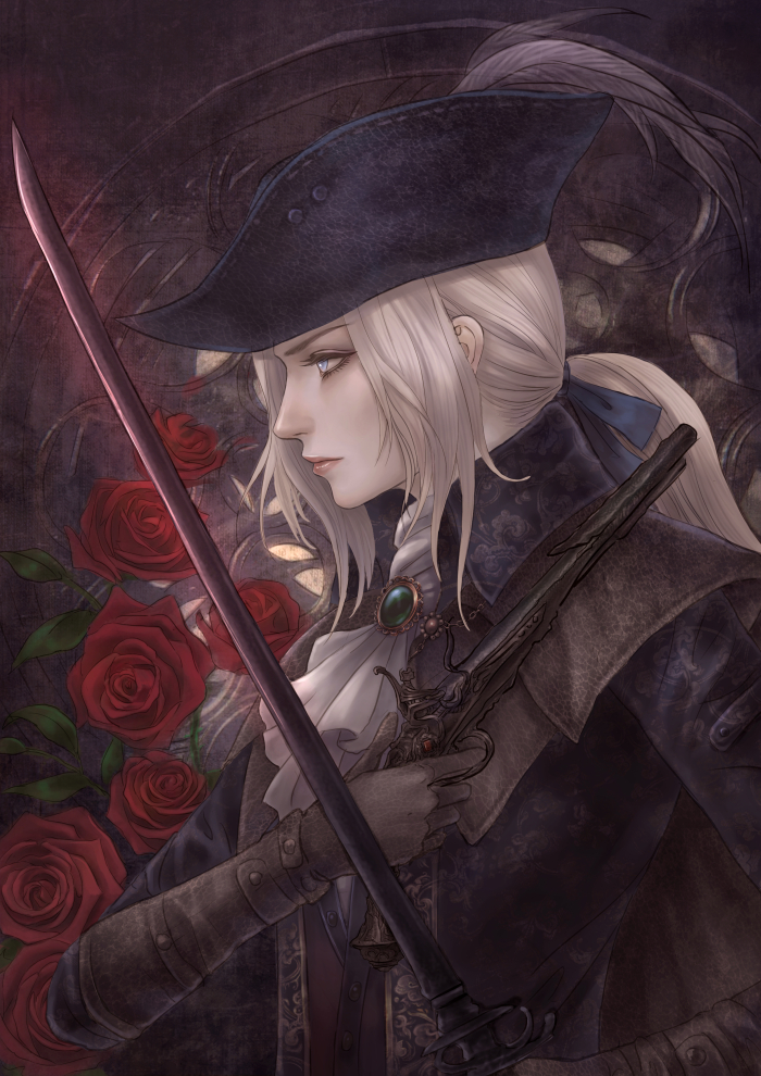 1girl, ascot, bloodborne, blue_eyes, cravat, flower, from_side, gun