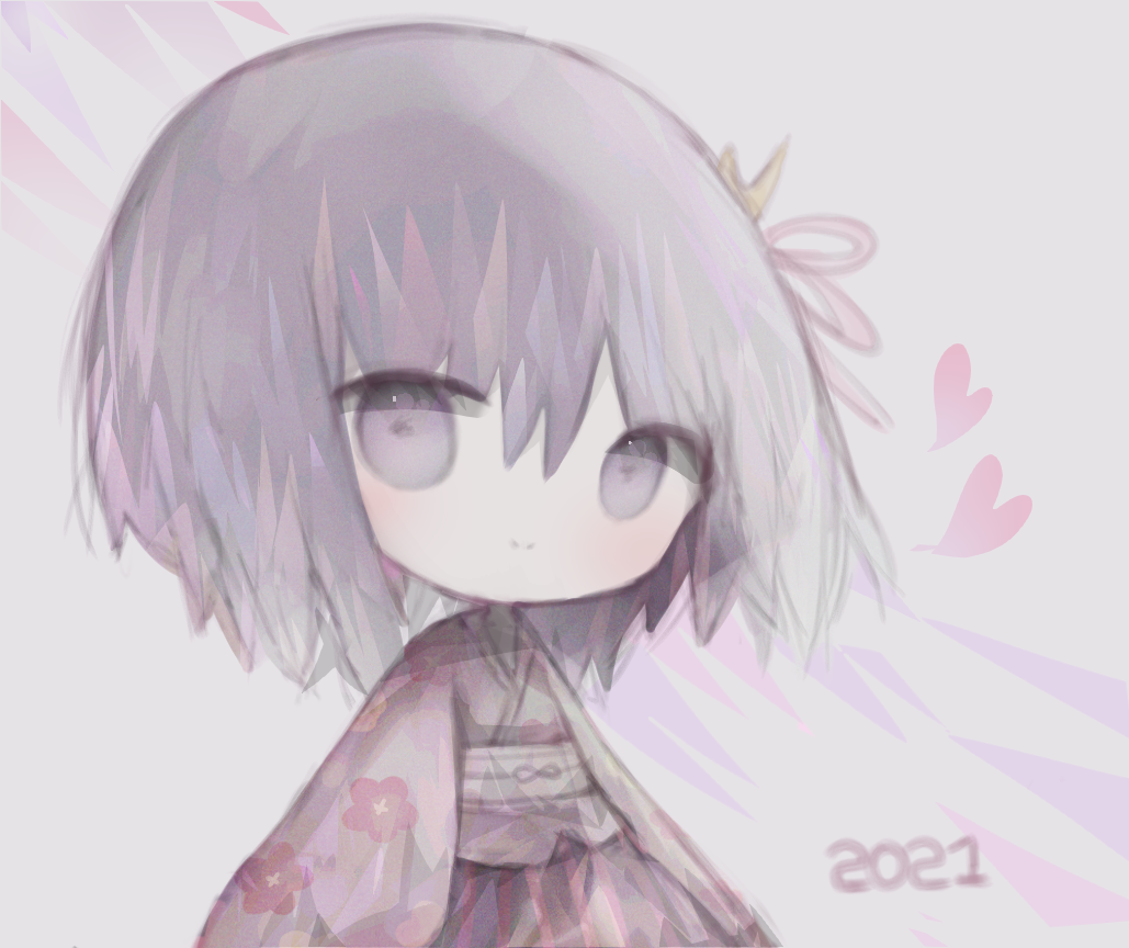 1girl, 2021, bangs, blush, chibi, closed_mouth, commentary_request, cottontailtokki, floral_print, grey_background, hair_between_eyes, heart, japanese_clothes, kimono, korean_commentary, obi, print_kimono, purple_hair, sash, shadowverse, shingeki_no_bahamut, smile, solo, spinaria_(shingeki_no_bahamut), violet_eyes