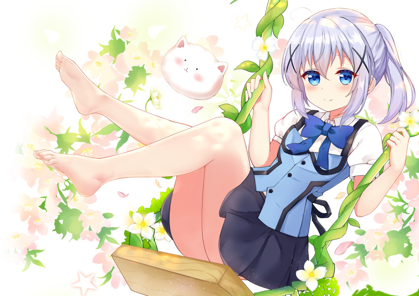 1girl, bangs, bare_legs, barefoot, black_skirt, blue_eyes, blue_hair, blue_vest